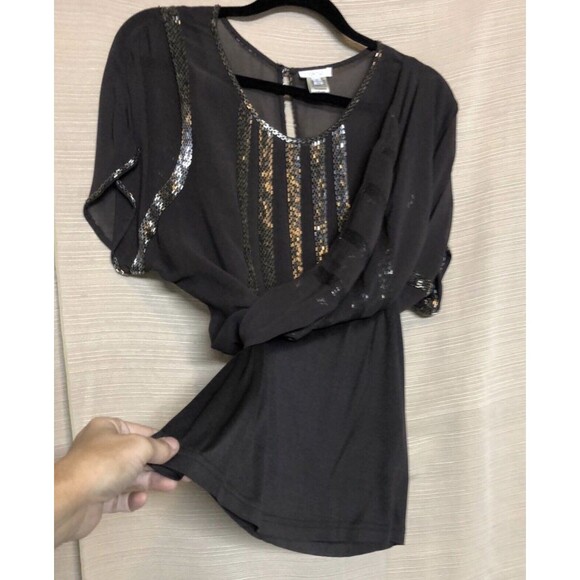 Cache Sheer Beaded Blouse Top In Charcoal Sz Med - Picture 6 of 8